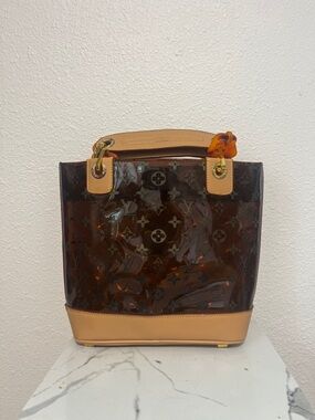 Brown Monogram Patent Tote with Tan Trim